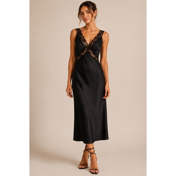 Abercrombie & Fitch Dresses & Skirts - Abercrombie & Fitch Black Lace Satin Maxi Bias Cut Slip Dress S Y2K Romantic
